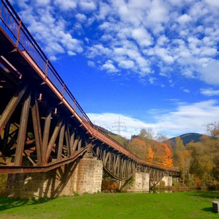 Fischbauchbogenbrücke in Ohle im Herbst